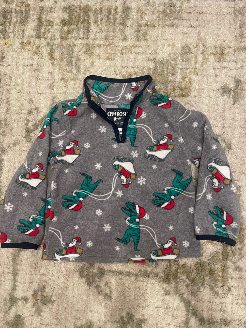 OshKosh B'gosh Gray Fleece Pullover with Green Dinosaur Holiday Print